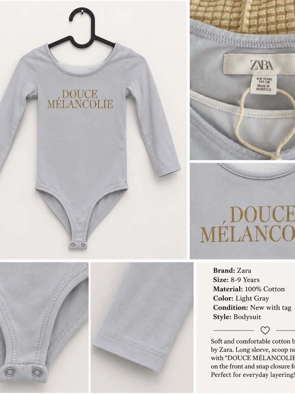 Zara Light Gray Long-Sleeve Bodysuit with Gold 'DOUCE MÉLANCOLIE' Print